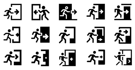 Obraz premium A set of emergency exit icons illustrating safety and evacuation routes, perfect for signage, emergency preparedness, and safety-related designs.