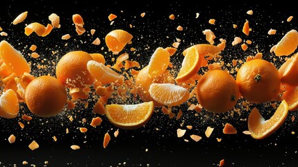 Colorful oranges burst apart in a dynamic display against a black background showcasing texture and freshness