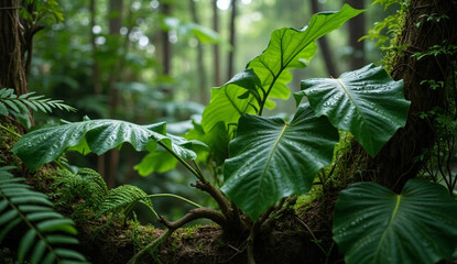 Dripping wet rainforest foliage with dappled sunlight on giant elephant ear plants