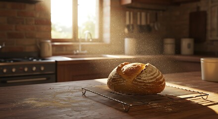 Loaf of Bread Baking on a Cooling Rack in Sunlit Kitchen