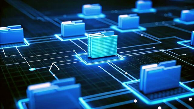 Digital file management system with glowing blue folders interconnected in a virtual data grid for secure cloud storage, organization, sharing, and access technology