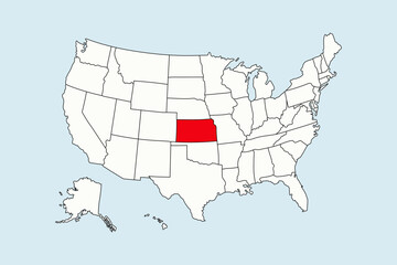 Kansas highlighted in USA map isolated on blue background