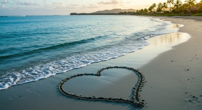 Heart shape drawn in sandy beach with gentle waves nearby.