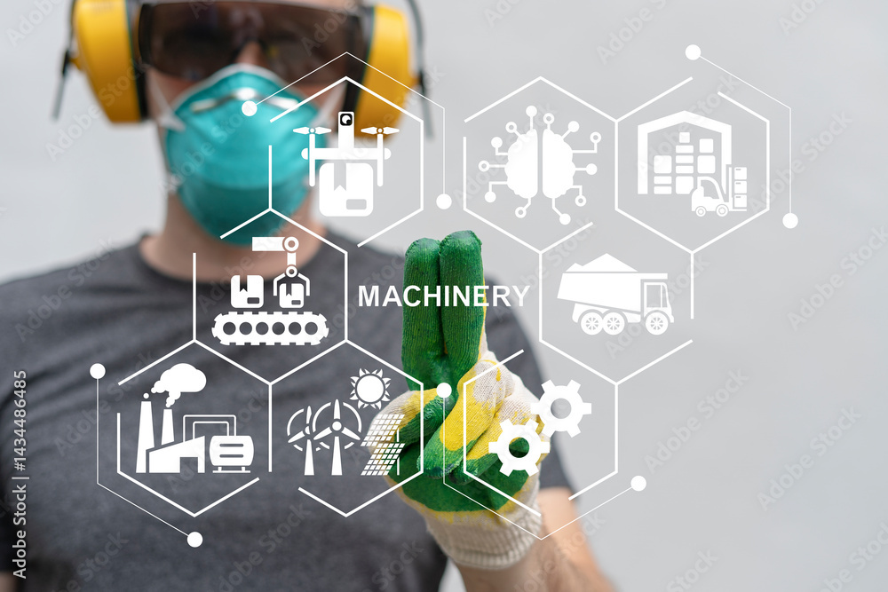 Poster engineer using virtual touch screen push text: machinery. machinery industry technology and robotic 