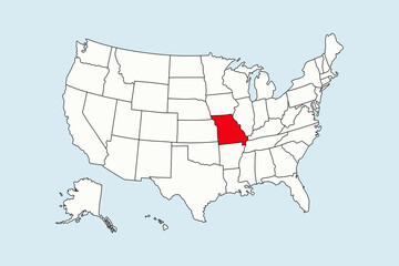 Missouri highlighted in USA map isolated on blue background