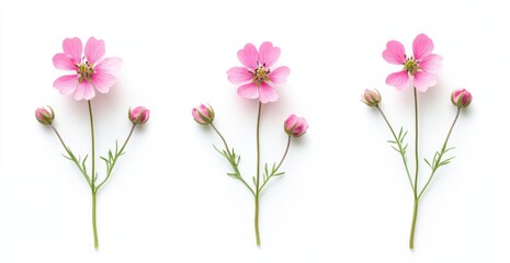 Three pink flowers with buds on white background