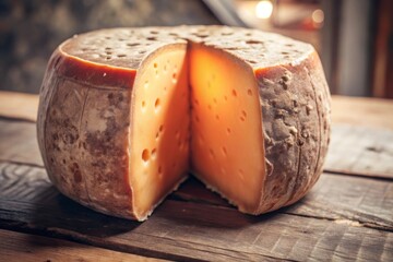 Cutting mimolette cheese wheel revealing bright orange interior in a dark setting for food photography