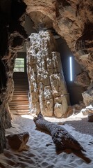 Ancient Petrified Wood Inside a Cave with Sand and Stairs A Stunning Geological Formation