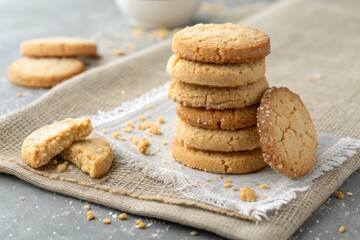 Savoring sable cookies stacked on linen cloth with crumbs and sugar in a cozy kitchen setting