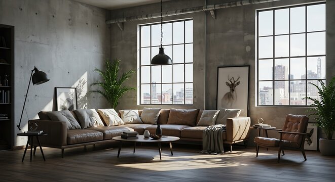 Minimalist urban loft living room with industrial steel windows, white and gray tones, concrete textures, Scandinavian furniture, reclaimed wood floors, and moody afternoon lighting.