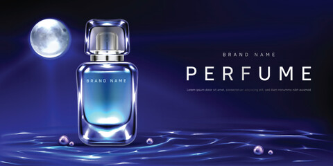 Perfume bottle on night water surface background