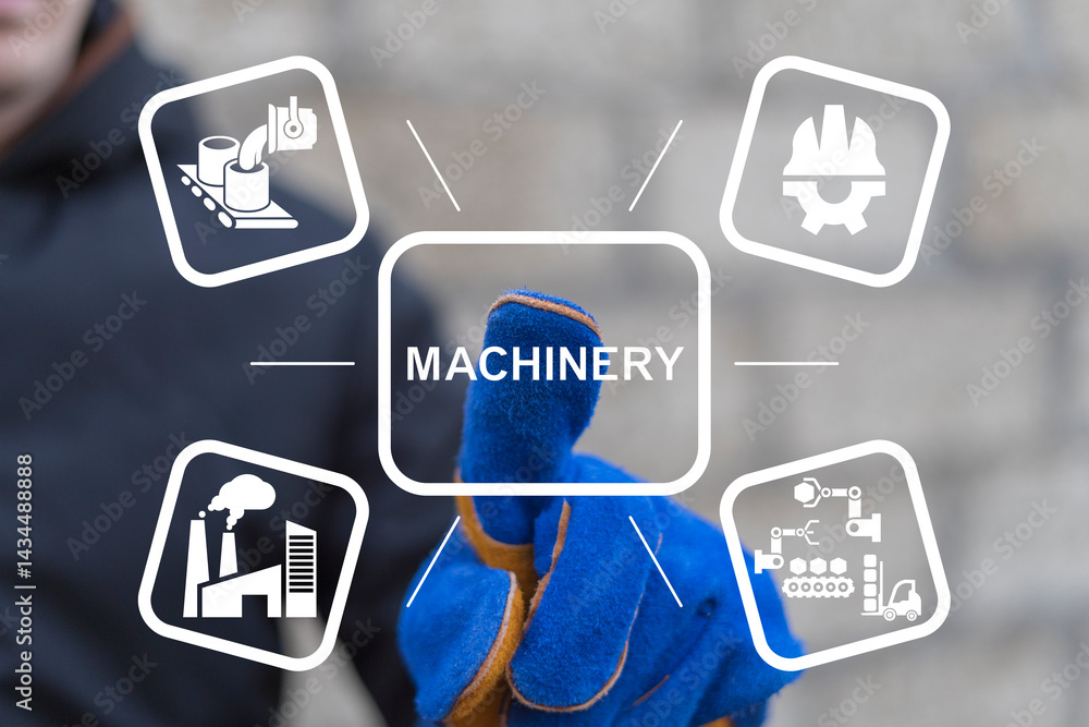 Poster engineer using virtual touch screen push text: machinery. machinery industrial technology and roboti