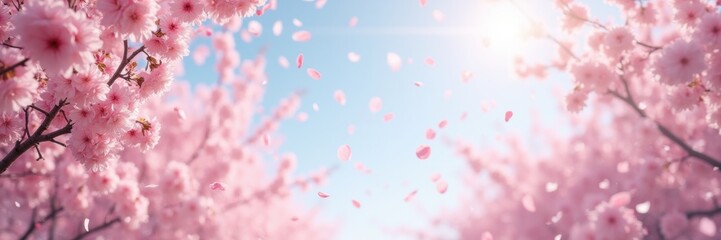 Obraz premium Blossoming cherry trees under a bright blue sky, with delicate pink petals dancing in the gentle breeze. a serene and picturesque spring scene.