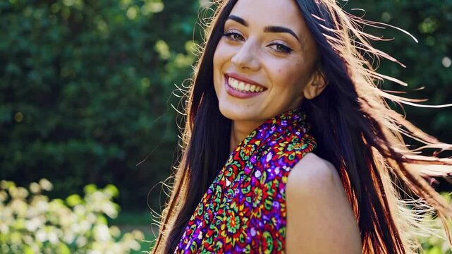 Joyful woman twirling in sunlit garden with flowing hair and colorful scarf