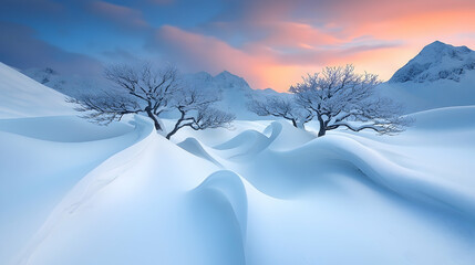 Serene Winter Sunset Landscape with Snow Covered Trees and Mountains