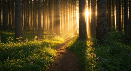 Obraz premium Sun shines through trees in a forest lighting a path with green grass.