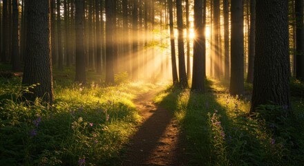 Naklejka premium Sunlight shines through trees in a forest creating light and shadow.