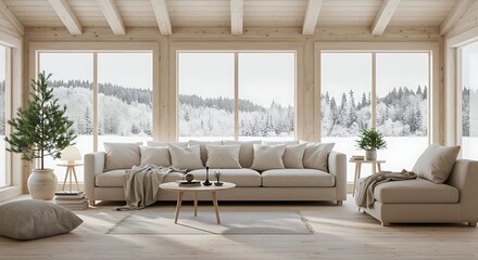 Fototapeta premium Scandinavian chalet-style living room with snowy view, warm off-white tones, natural wool textures, pale wood floors, modern furniture, and pine plants for a cozy winter atmosphere.