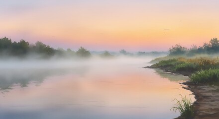 Fototapeta premium Misty sunrise over river landscape