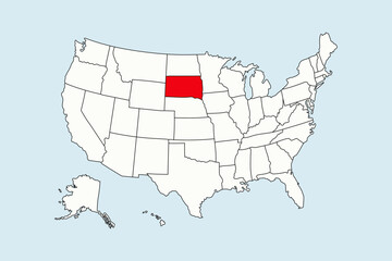 South Dakota highlighted in USA map isolated on blue background