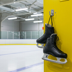 Red Ice Skating Boot Hanging at Indoor Rink with Blurred Skaters in Background