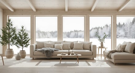 Fototapeta premium Scandinavian chalet-style living room with snowy view, warm off-white tones, natural wool textures, pale wood floors, modern furniture, and pine plants for a cozy winter atmosphere.