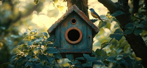 Blue birdhouse with bird among green foliage in soft light nature scene