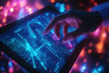 A finger interacts with a glowing digital interface displaying complex data visualizations and network connections.