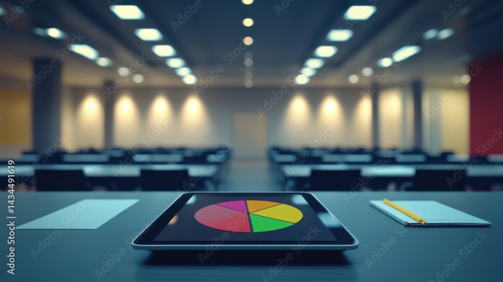 Poster modern office workspace with tablet displaying colorful pie chart on desk