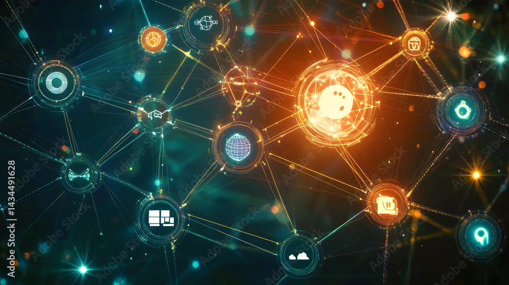 Poster glowing network of interconnected nodes with various icons representing global connectivity, sustain