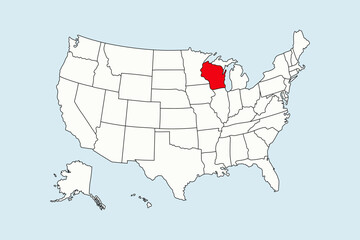 Wisconsin highlighted in USA map isolated on blue background