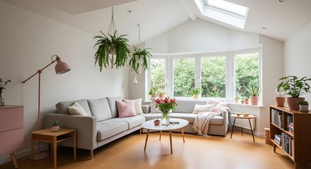 Eclectic minimalist living room with oversized skylight, pastel accents, Scandinavian-vintage furniture, cork flooring, lush indoor plants, and cozy creative atmosphere in soft polished lighting.