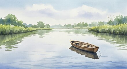 Obraz premium Serene river landscape with wooden boat
