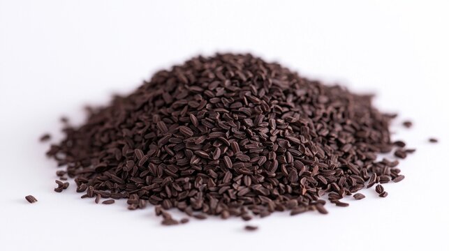 Black cumin seeds scattered on a white surface, showcasing their rich color and unique texture for culinary uses