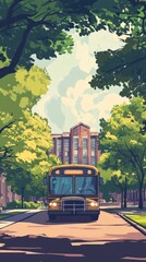 Scenic Illustration of School Bus Amid Trees and Campus Building