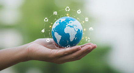 Sustainable Green Planet Concept with Hand Cradling Earth Globe Surrounded by Eco Friendly Icons Representing Environmental Conservation Recycling Renewable Energy and Global Climate Protection