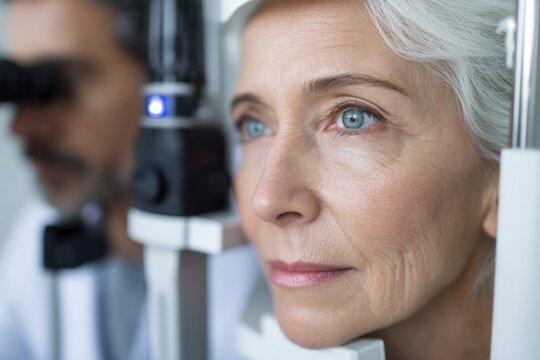 An ophthalmology clinic is where a senior woman's retina is being checked close-up with a binocular slit-lamp