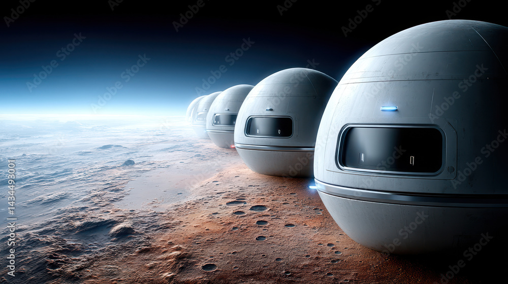 Poster fleet of interplanetary shuttles docked at orbital station, preparing for descent to mars colonizati