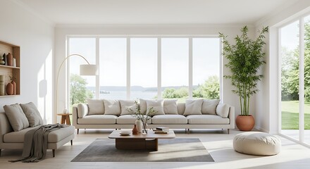 Bright zen living room with wide horizontal windows, calming neutral tones, Scandinavian minimalist seating, whitewashed floors, bamboo and eucalyptus decor, captured in serene high-end photography.
