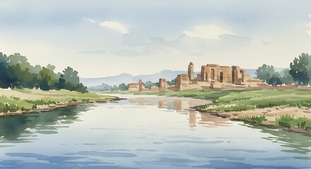 Fototapeta premium Watercolor painting of a river landscape with ancient ruins