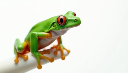 Fototapeta premium Green tree frog perched on white, vibrant skin, stock photo, legs, swamp