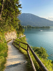 Scenic mountain hiking trail around the Wolfgangsee lake in Salzkammergut, Austria
