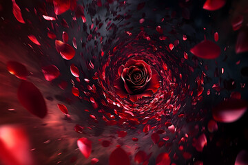 A swirling vortex of red rose petals, evoking a sense of mystery.