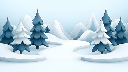 Snowy Winter Landscape with Christmas Trees and Mountains
