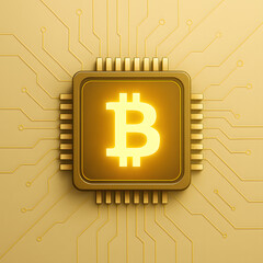 Minimalist futuristic image of Bitcoin inside microchip — symbolic crypto tech and blockchain development (golden version)