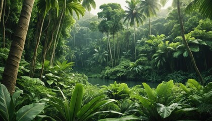 Lush tropical forest, a forest filled with nature with towering trees