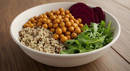 A delicious and colorful bowl of quinoa, chickpeas, beetroots, and arugula on a wooden table.
