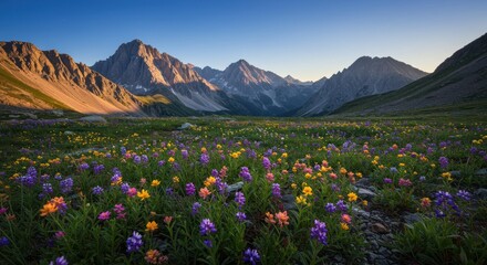 Fototapeta premium Mountain range backdrop with wildflowers in foreground under a clear blue sky.