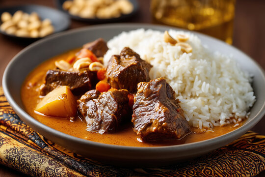 Maf&eacute; (West African Peanut Stew) with Tender Beef Chunks and Steamed Rice in Rich Peanut Sauce &ndash; Authentic African Comfort Food