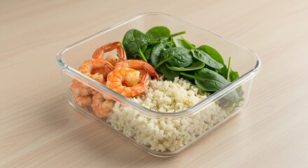 Freshly cooked shrimp with spinach and cauliflower rice, ready for a healthy meal.